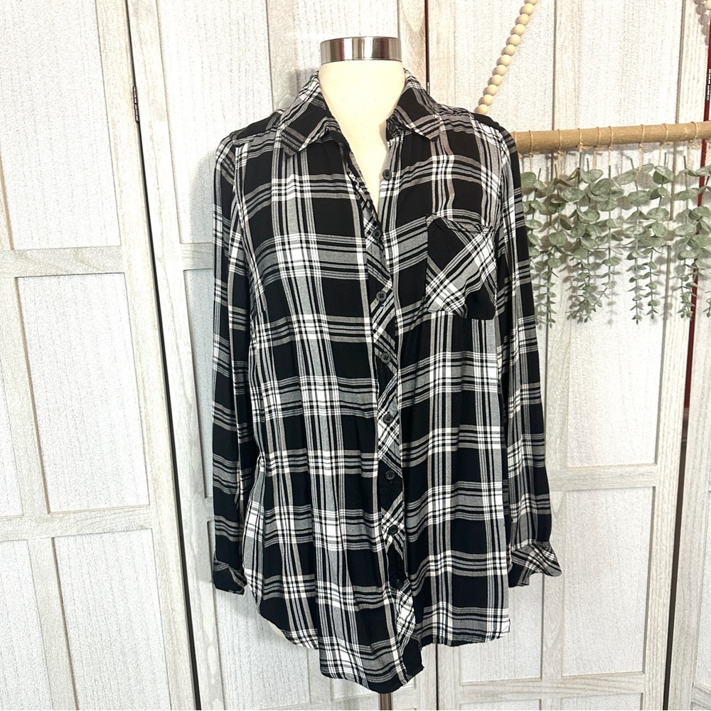 Torrid Plaid Black White Twill Button-Up Long Sleeve Shirt Plus Size 0 0X 12
